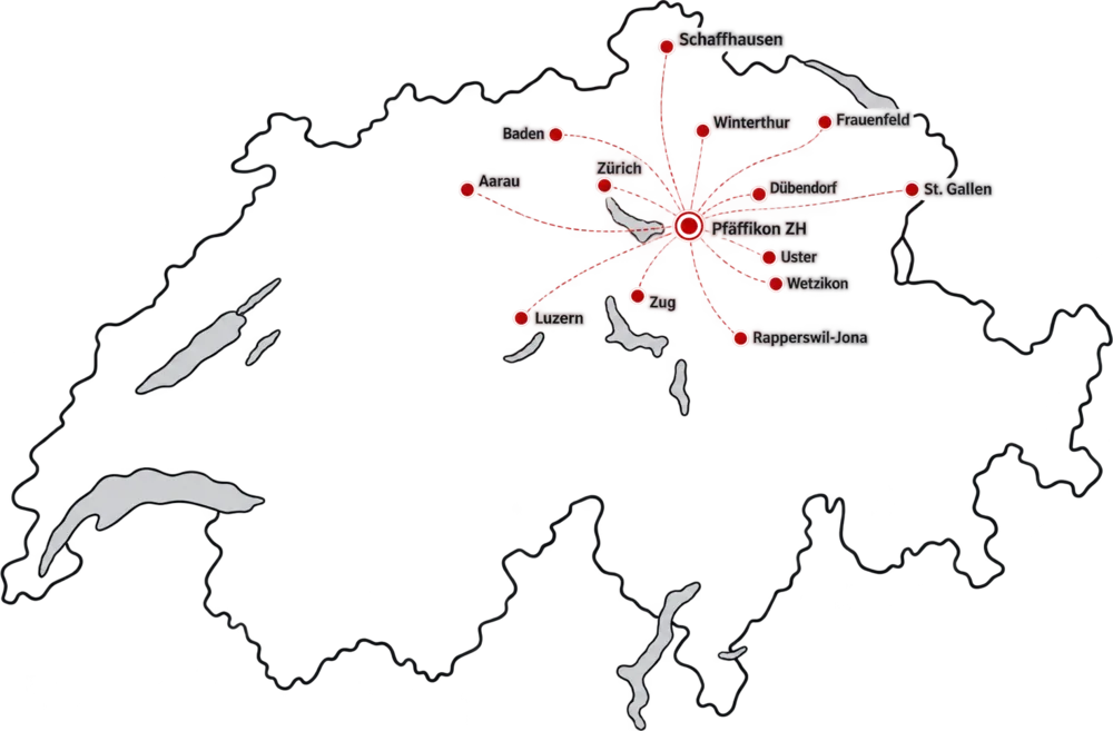 Karte der Schweiz mit dem Standort Pfäffikon ZH in der Mitte und den Orten im Einsatzgebiet: Schaffhausen, Winterthur, Frauenfeld, St. Gallen, Dübendorf, Uster, Wetzikon, Rapperswil-Jona, Zug, Luzern, Zürich, Baden und Aarau
