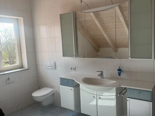 Komplett saniertes Badezimmer mit montierten Möbeln und Spiegelschränken