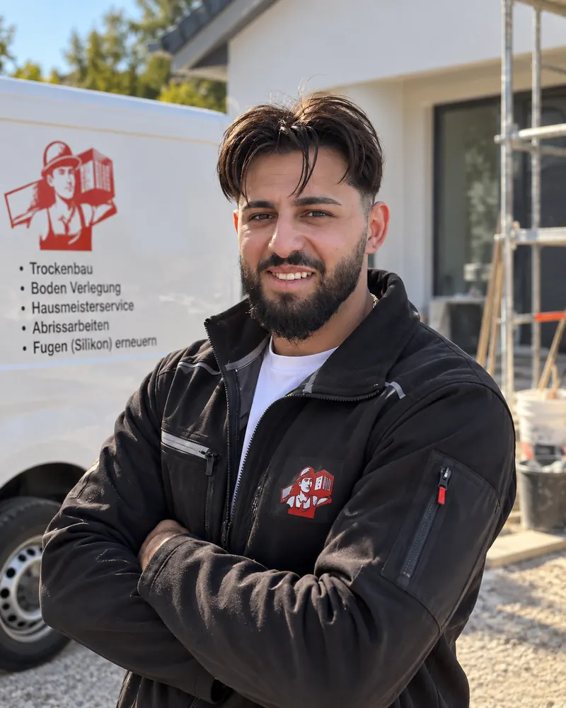 Emanuel-Darius Tincu, Inhaber von TED Bau & Renovation, vor dem Firmenfahrzeug auf einer Baustelle